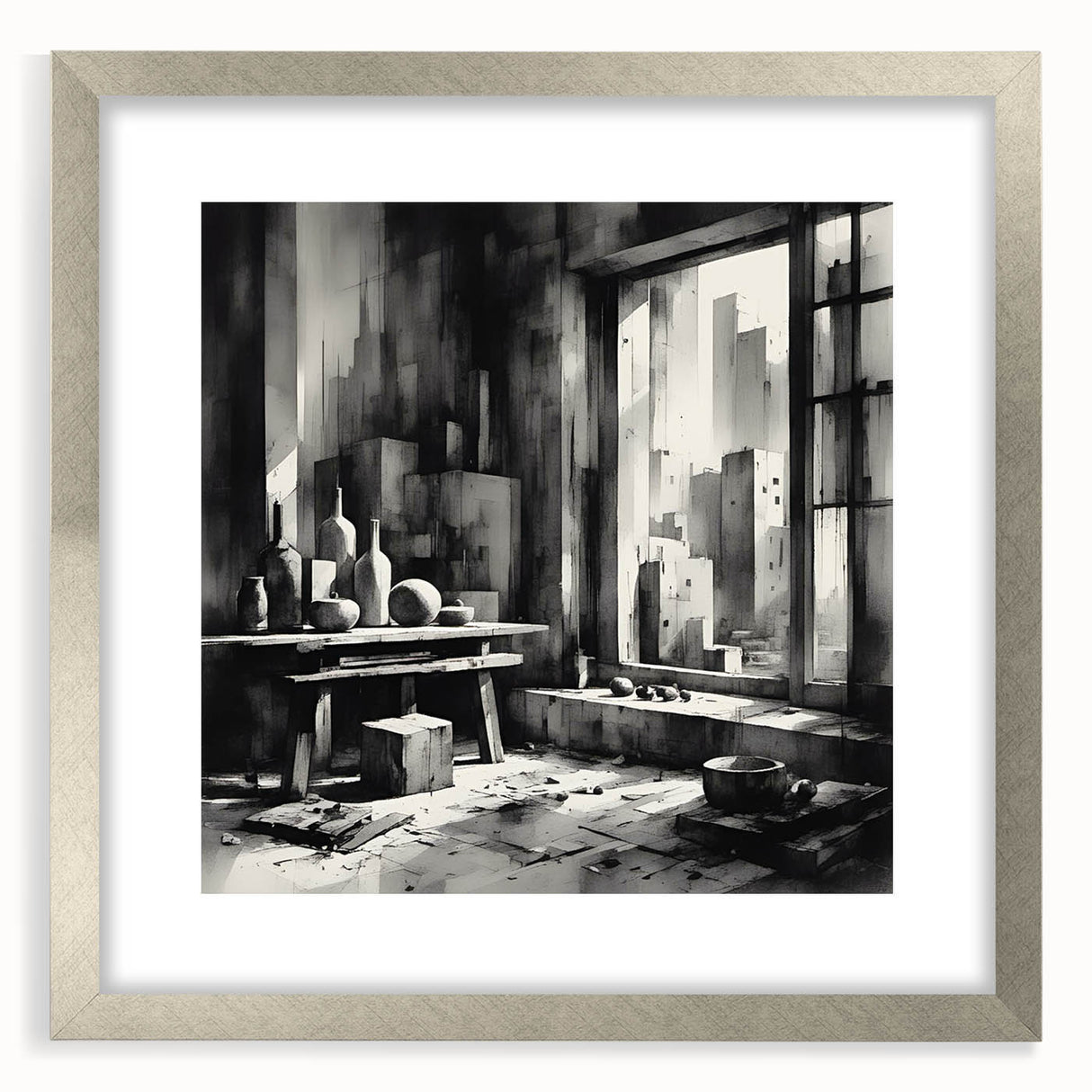 Brutalist Wall Art | Geometric Still Life with Concrete Cityscape | Canvas