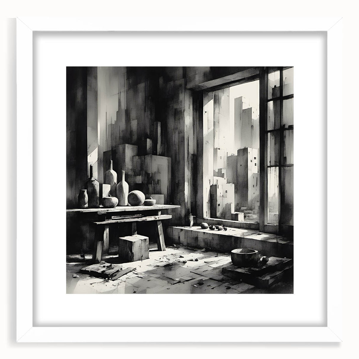 Brutalist Wall Art | Geometric Still Life with Concrete Cityscape | Canvas