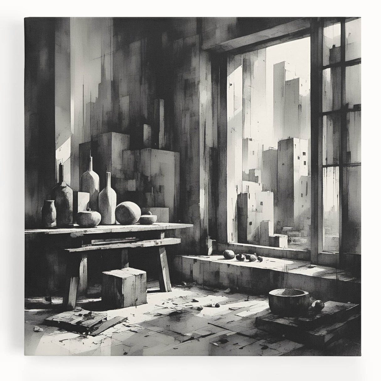 Brutalist Wall Art | Geometric Still Life with Concrete Cityscape | Canvas