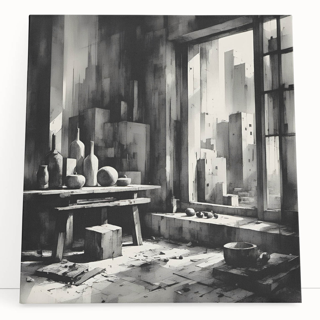 Brutalist Wall Art | Geometric Still Life with Concrete Cityscape | Canvas