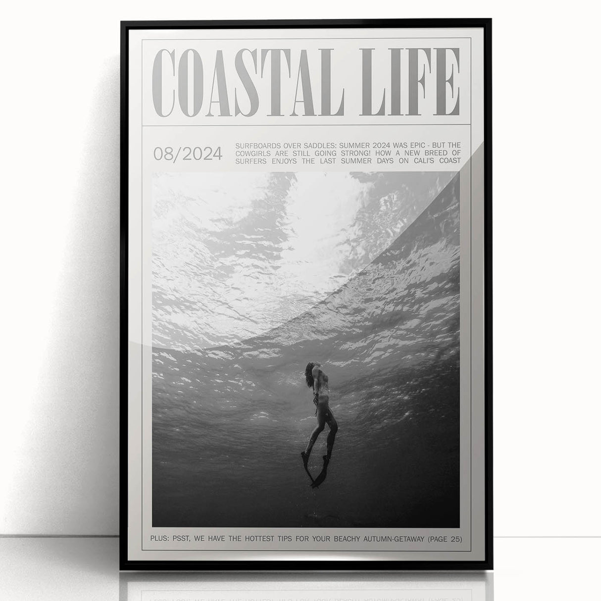 Monochrome Underwater Diver Coastal Wall Art - Magazine Style Print
