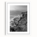 Coastal Wall Art - Black and White Ocean Waves on Rocky Shoreline Print