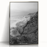 Coastal Wall Art - Black and White Ocean Waves on Rocky Shoreline Print