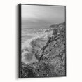Coastal Wall Art - Black and White Ocean Waves on Rocky Shoreline Print