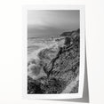 Coastal Wall Art - Black and White Ocean Waves on Rocky Shoreline Print