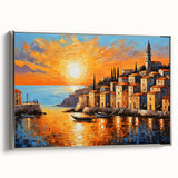 Sunset Coastal Town Wall Art – Vibrant Mediterranean Seaside Print