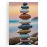 Coastal Wall Art - Colorful Stacked Stones at Sunset Beach-Themed Print