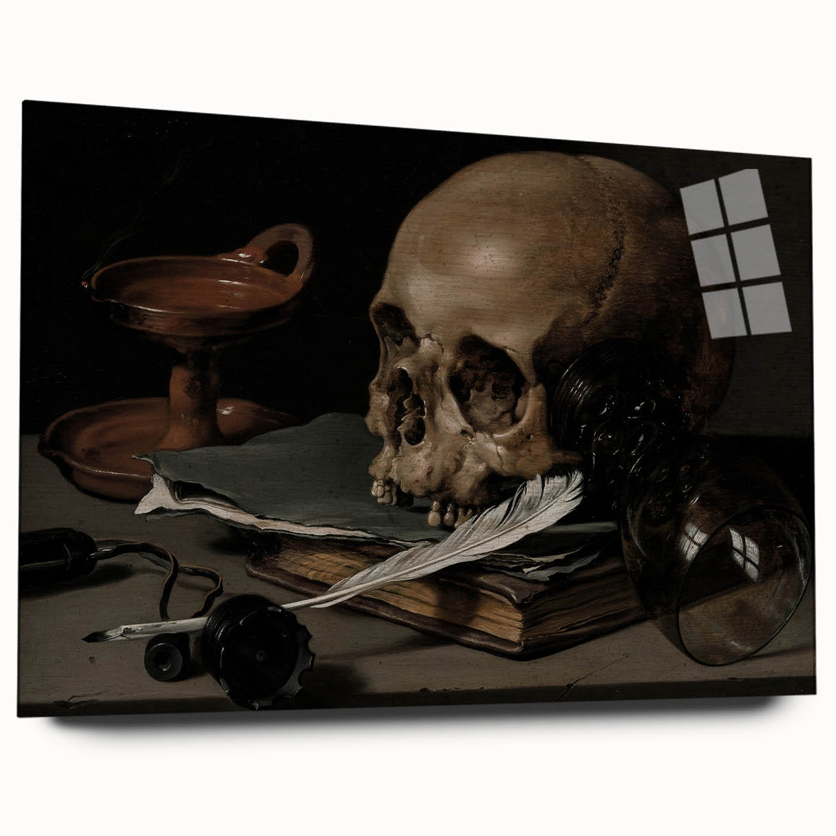 Dark Academia Wall Art – Skull, Quill, and Book Still Life in Gothic Style