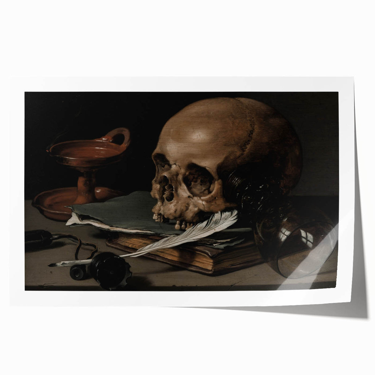 Dark Academia Wall Art – Skull, Quill, and Book Still Life in Gothic Style