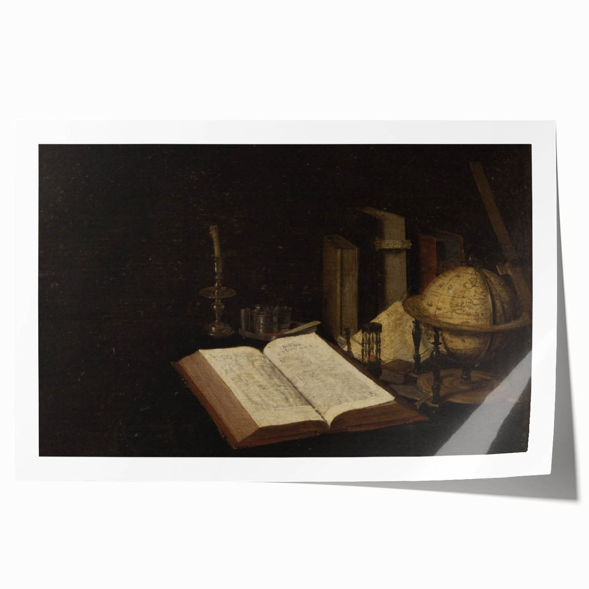 Dark Academia Wall Art – Still Life with Open Book, Globe, and Candle