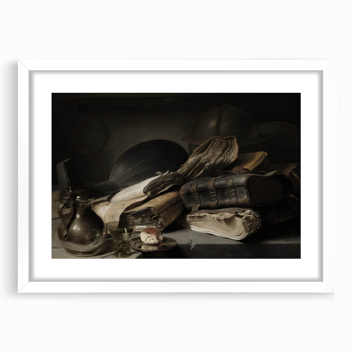 Dark Academia Wall Art – Still Life with Books, Helmet, and Jug