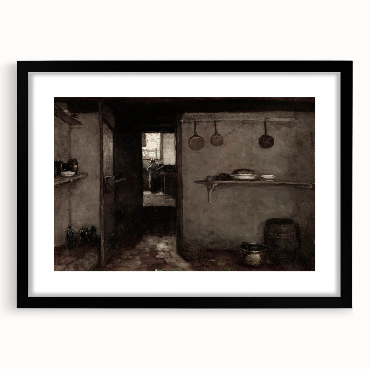 Dark Academia Wall Art – Rustic Interior with Shadowy Kitchen Scene