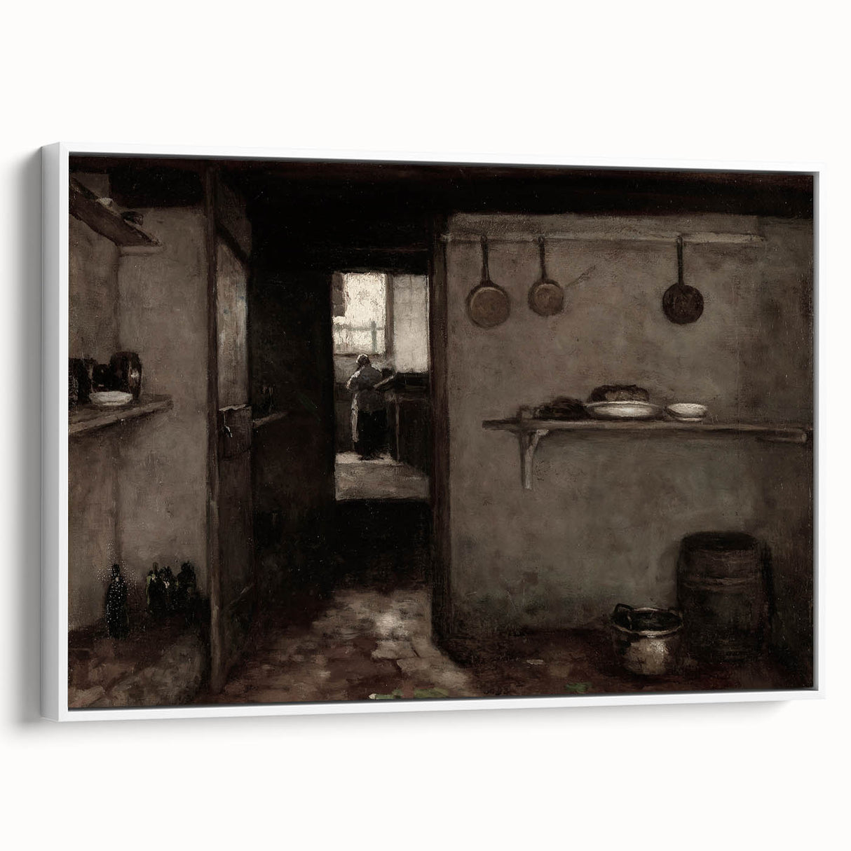 Dark Academia Wall Art – Rustic Interior with Shadowy Kitchen Scene
