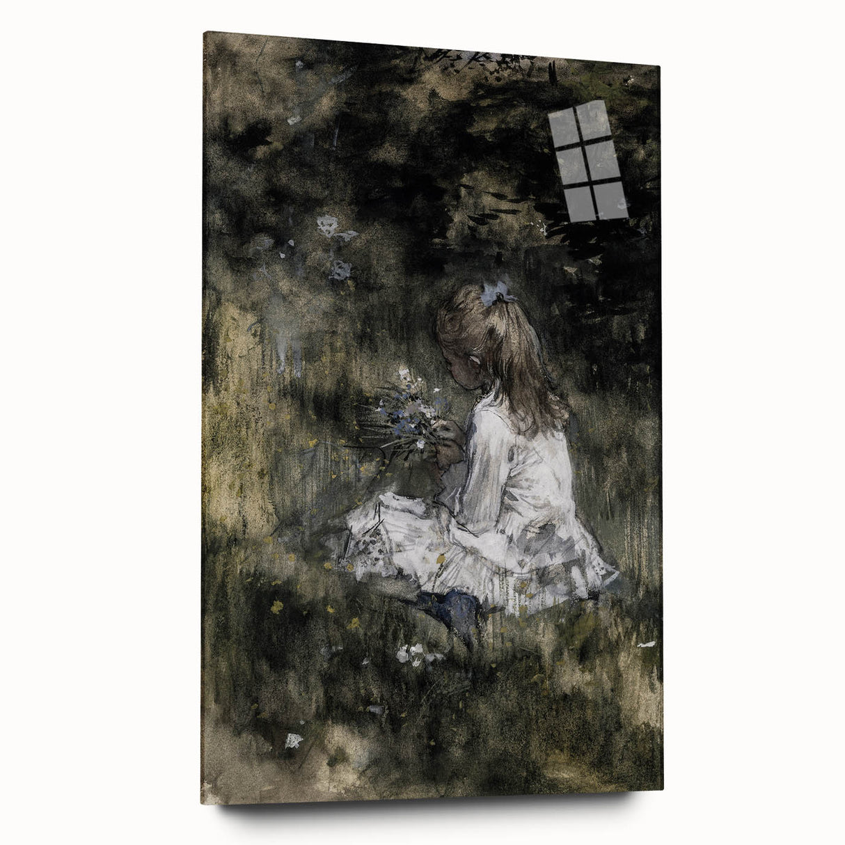 Dark Academia Wall Art - Thoughtful Girl with Flowers for Moody Decor