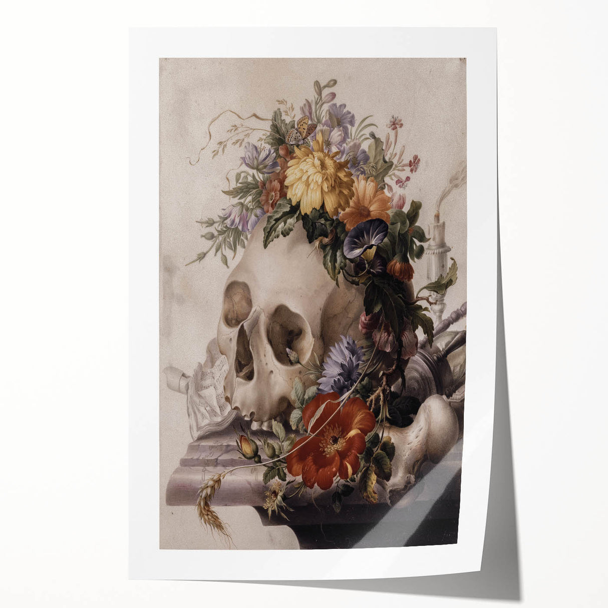 Skull with Floral Crown | Dark Academia Vintage Gothic Wall Art Print
