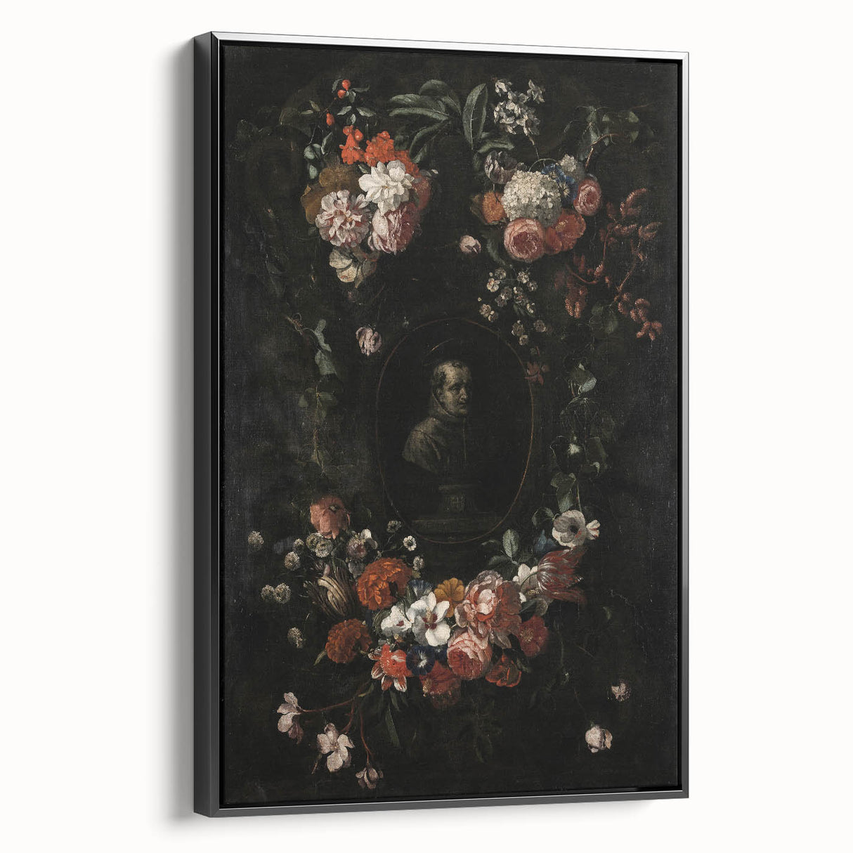 Dark Floral Wreath Art: Portrait Surrounding Flowers Wall Art Decor