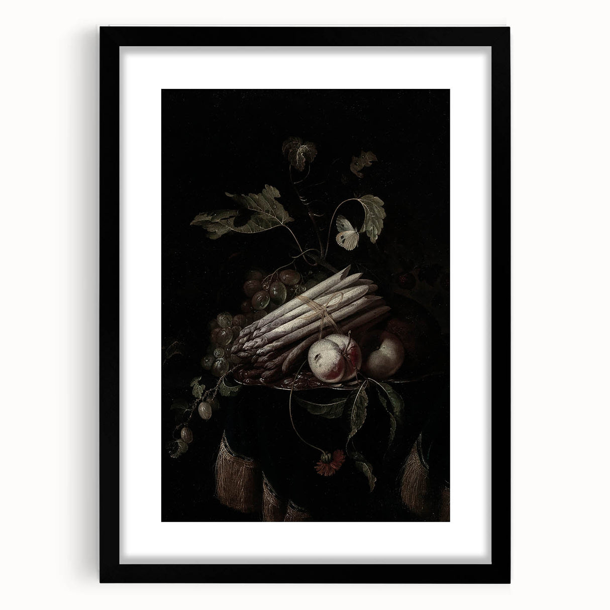 Dark Moody Wall Art - Elegant Still Life with Asparagus and Fruit