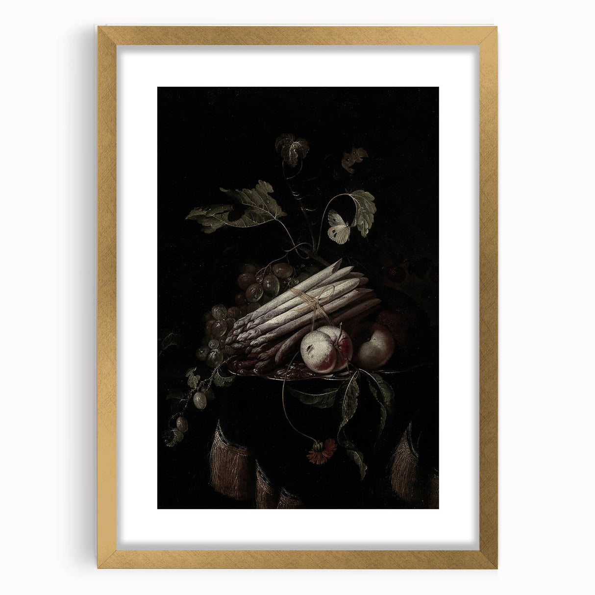 Dark Moody Wall Art - Elegant Still Life with Asparagus and Fruit