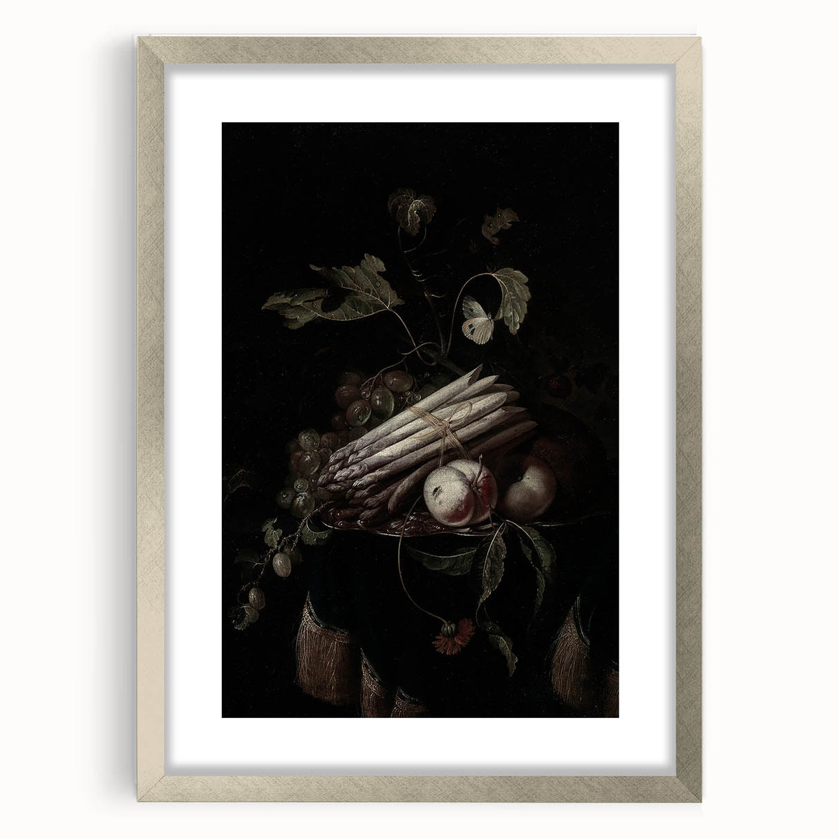 Dark Moody Wall Art - Elegant Still Life with Asparagus and Fruit