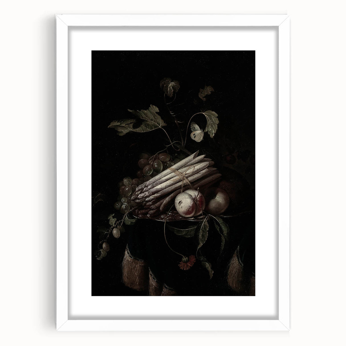 Dark Moody Wall Art - Elegant Still Life with Asparagus and Fruit
