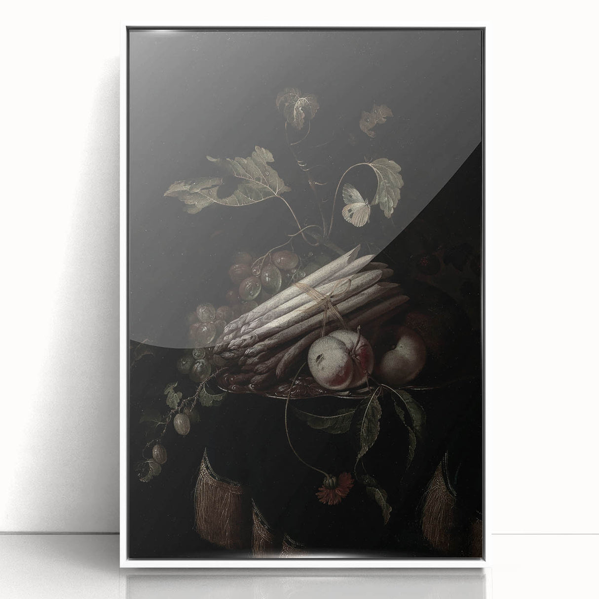 Dark Moody Wall Art - Elegant Still Life with Asparagus and Fruit