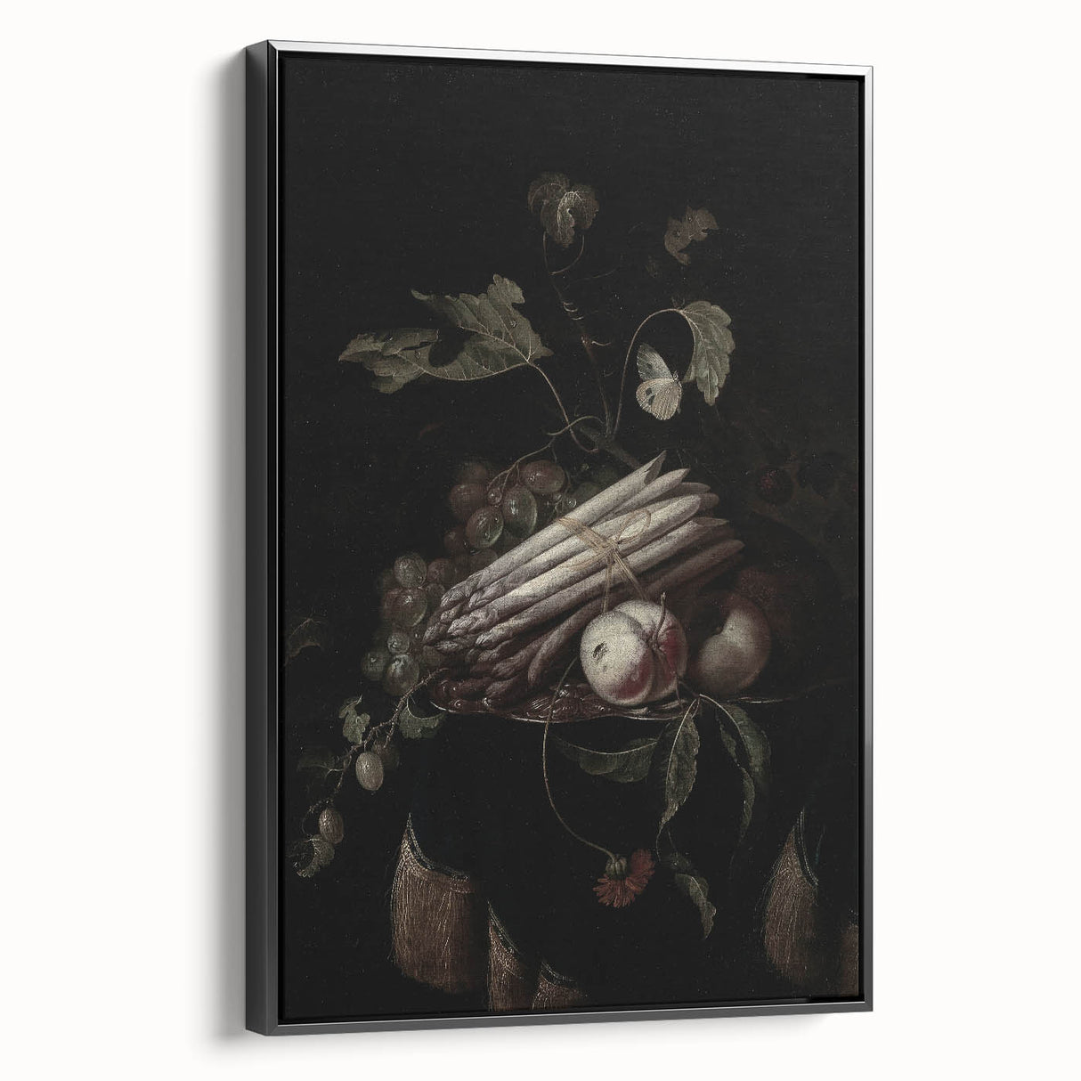 Dark Moody Wall Art - Elegant Still Life with Asparagus and Fruit