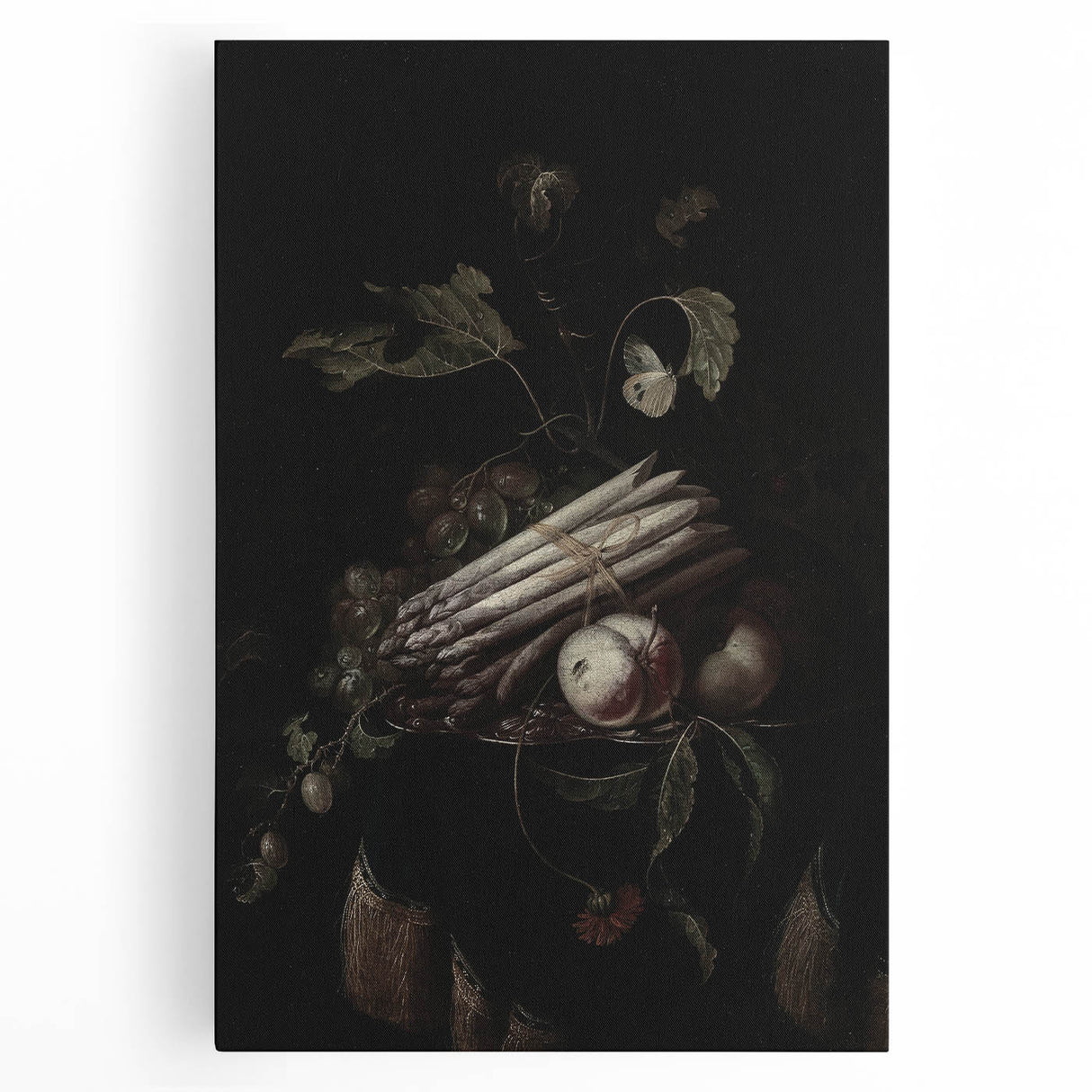 Dark Moody Wall Art - Elegant Still Life with Asparagus and Fruit