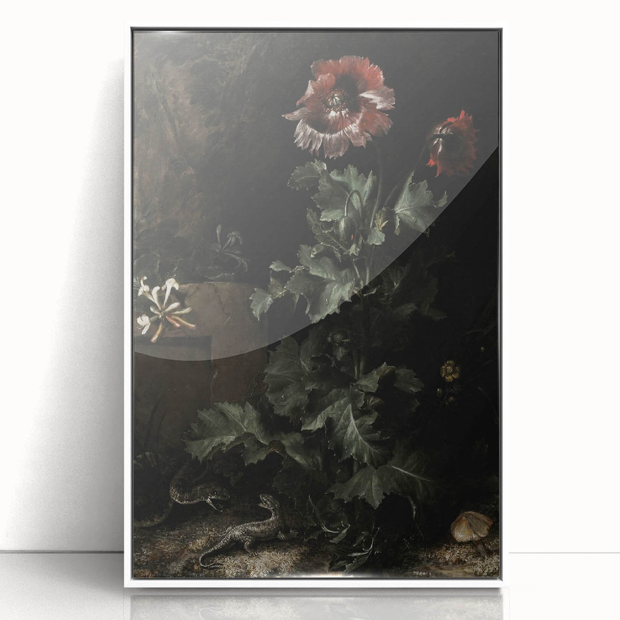 Dark Moody Wall Art - Dramatic Botanical Scene with Flower and Reptiles