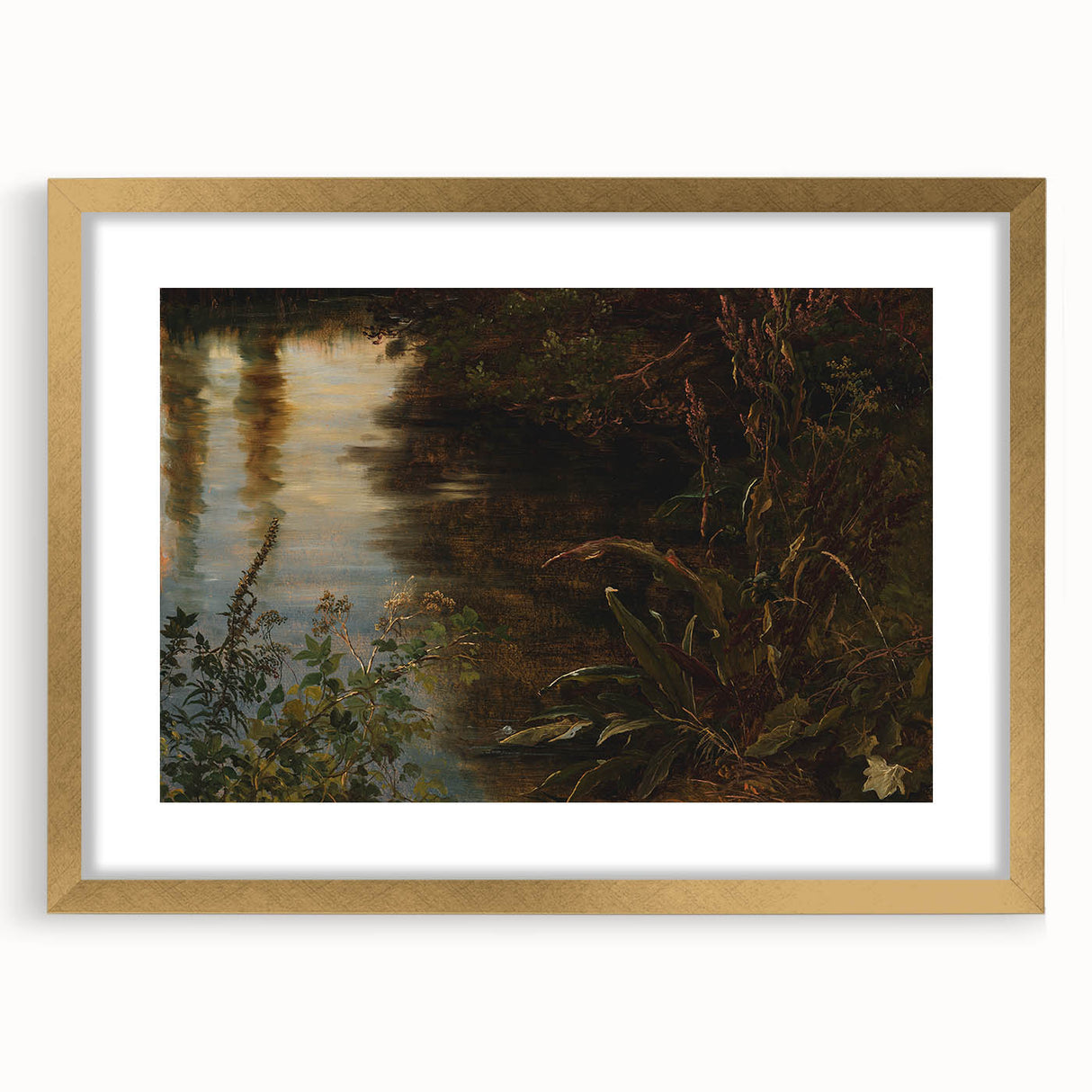 Dark Moody Wall Art | Reflections on Water with Lush Foliage | Nature Art