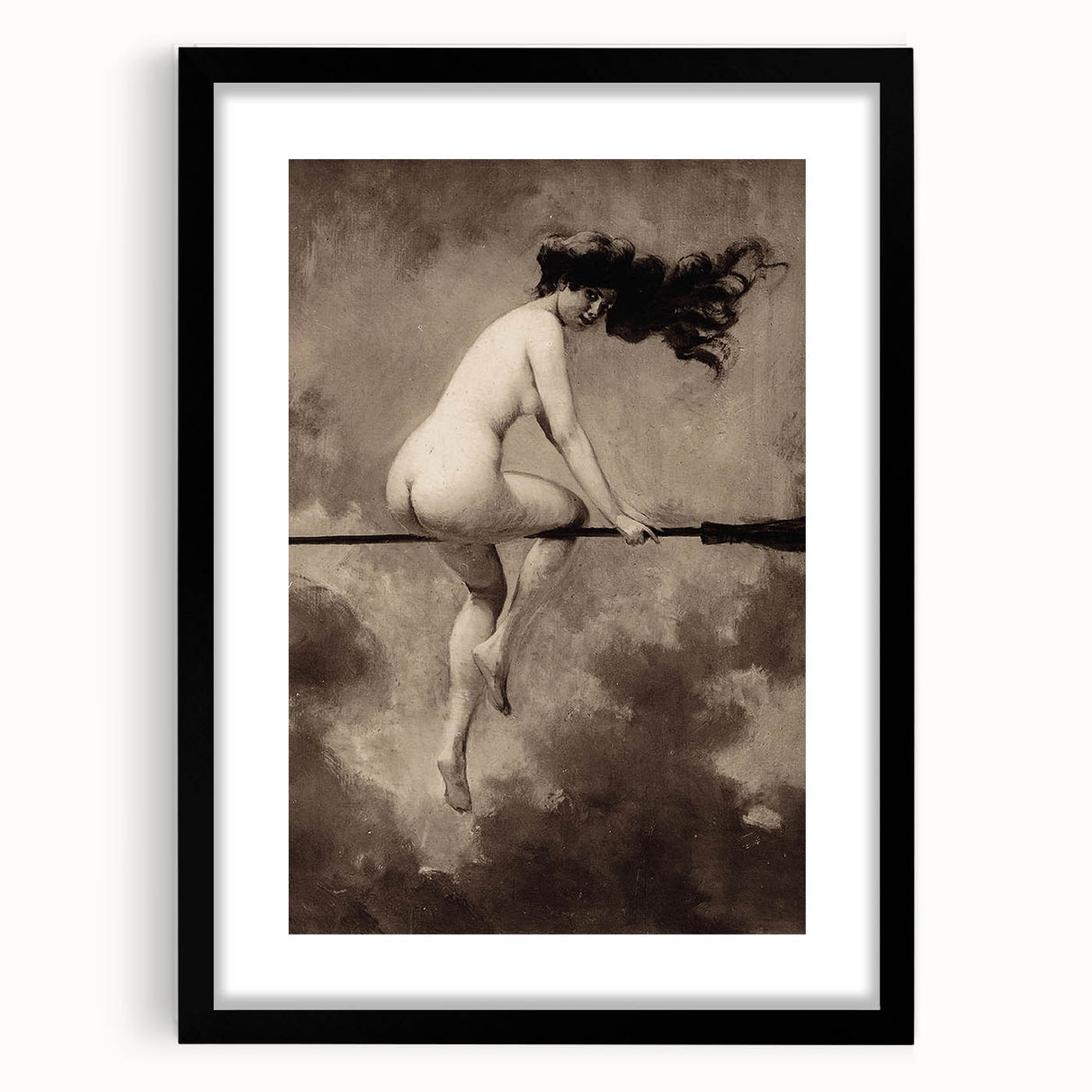 Dark Moody Wall Art | Vintage Nude on Broomstick | Moody Art Prints