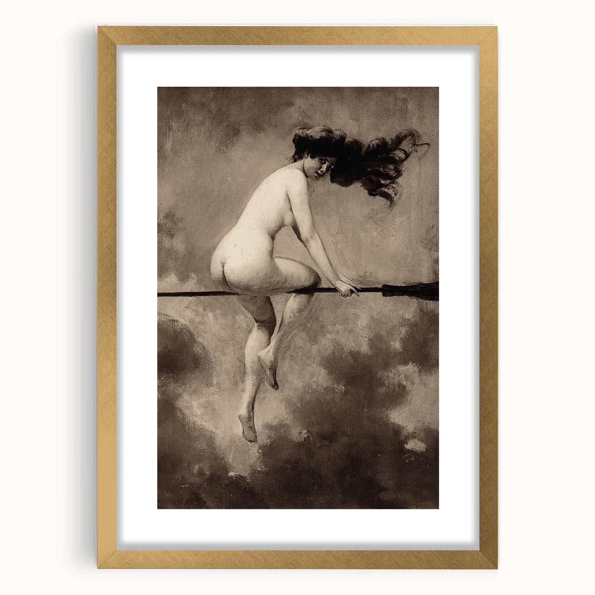 Dark Moody Wall Art | Vintage Nude on Broomstick | Moody Art Prints