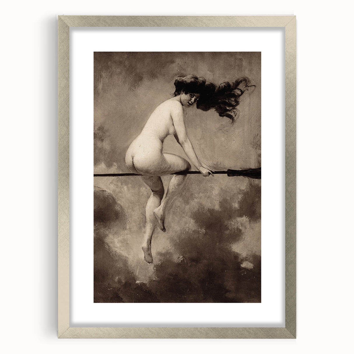Dark Moody Wall Art | Vintage Nude on Broomstick | Moody Art Prints