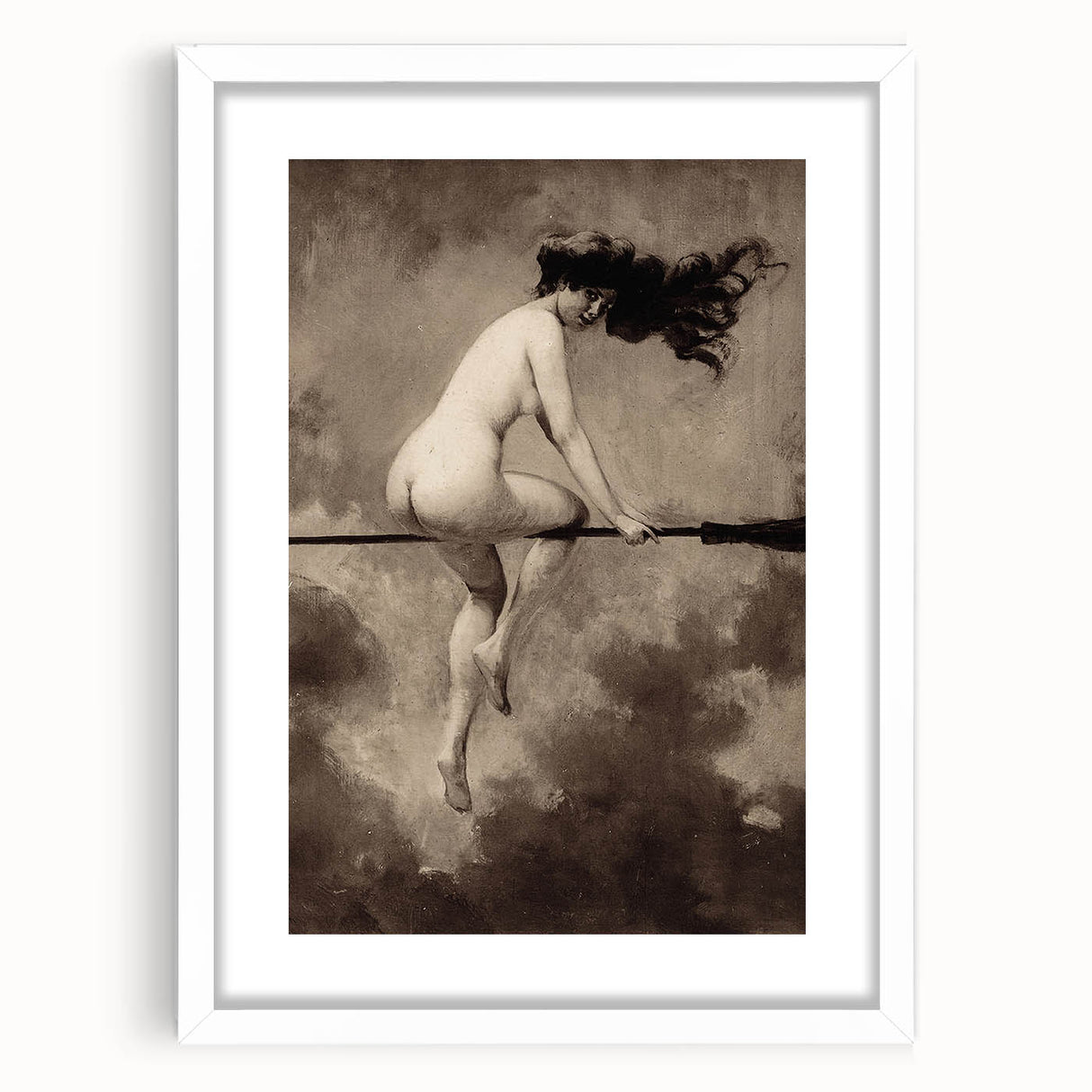 Dark Moody Wall Art | Vintage Nude on Broomstick | Moody Art Prints