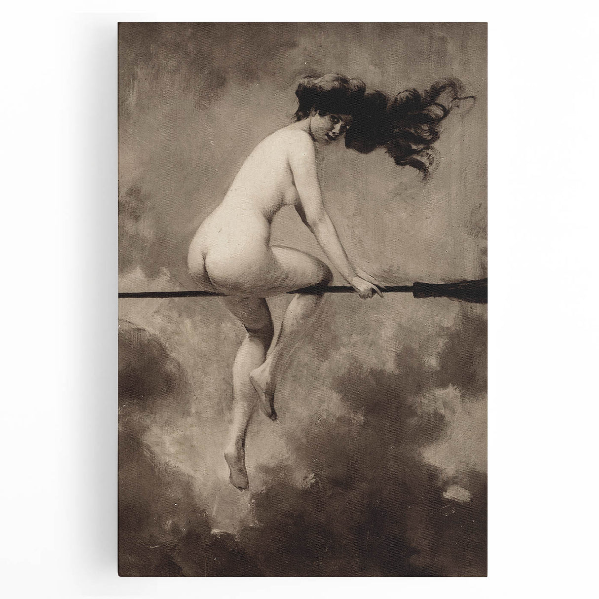 Dark Moody Wall Art | Vintage Nude on Broomstick | Moody Art Prints