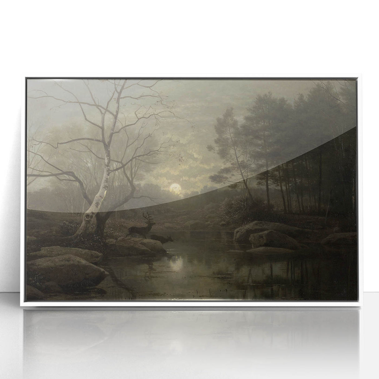 Dark Moody Wall Art - Moonlit Forest Scene with Deer Reflection
