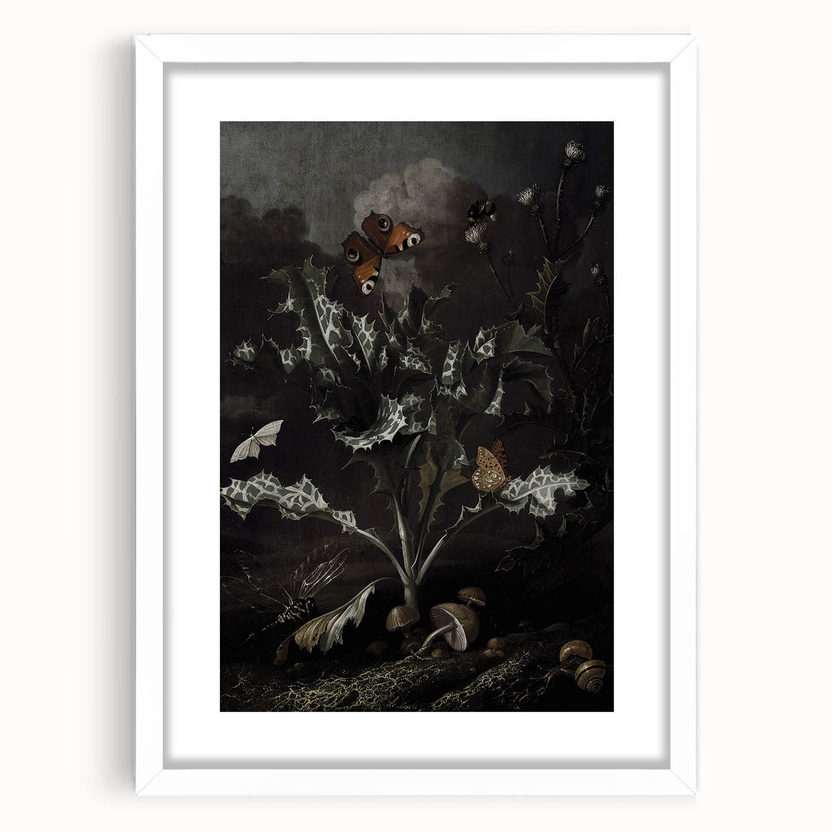 Moody Art Prints - Thistle and Butterfly Scene in Dark Nature Tones
