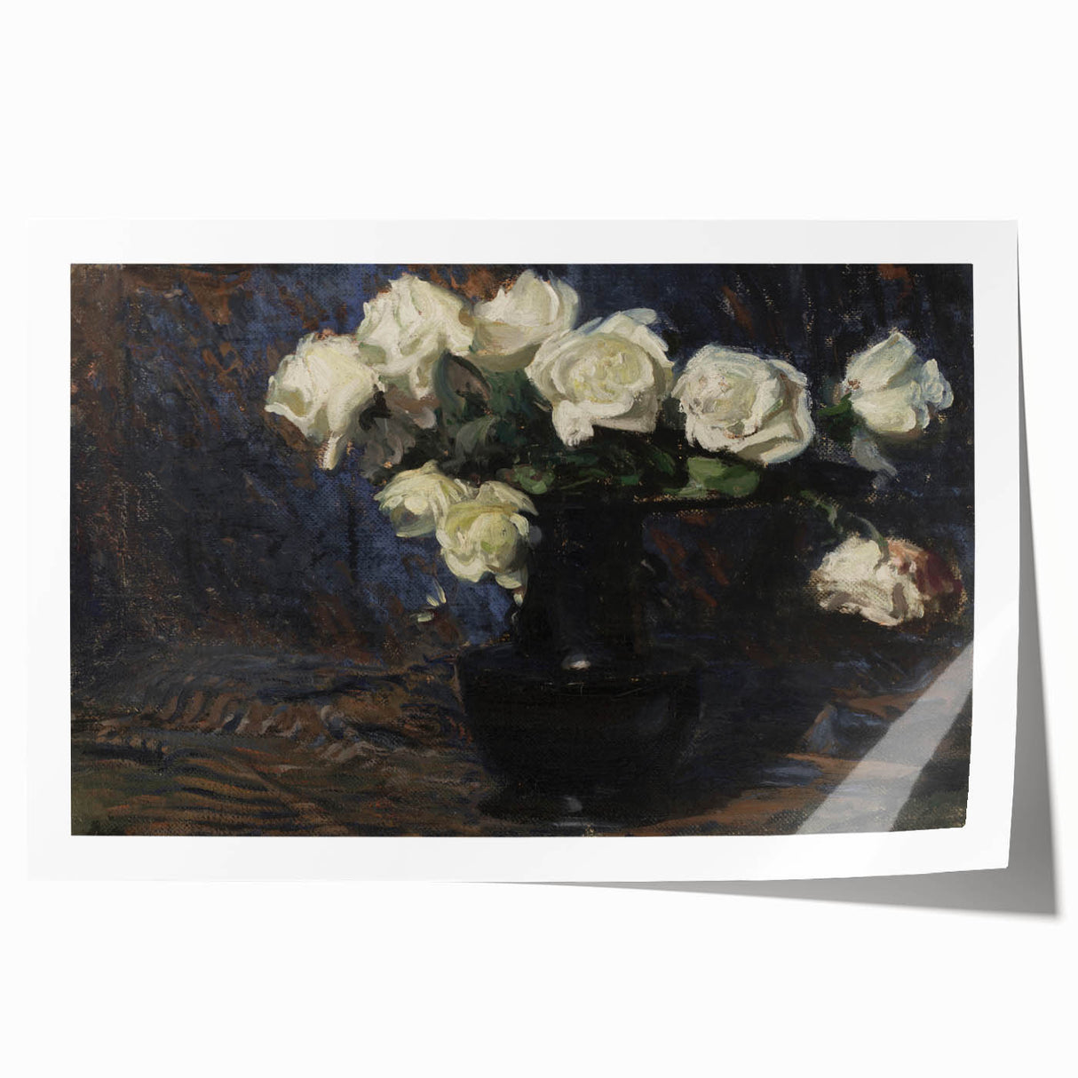 Dark Moody Wall Art White Roses in Black Vase for Dramatic Interiors