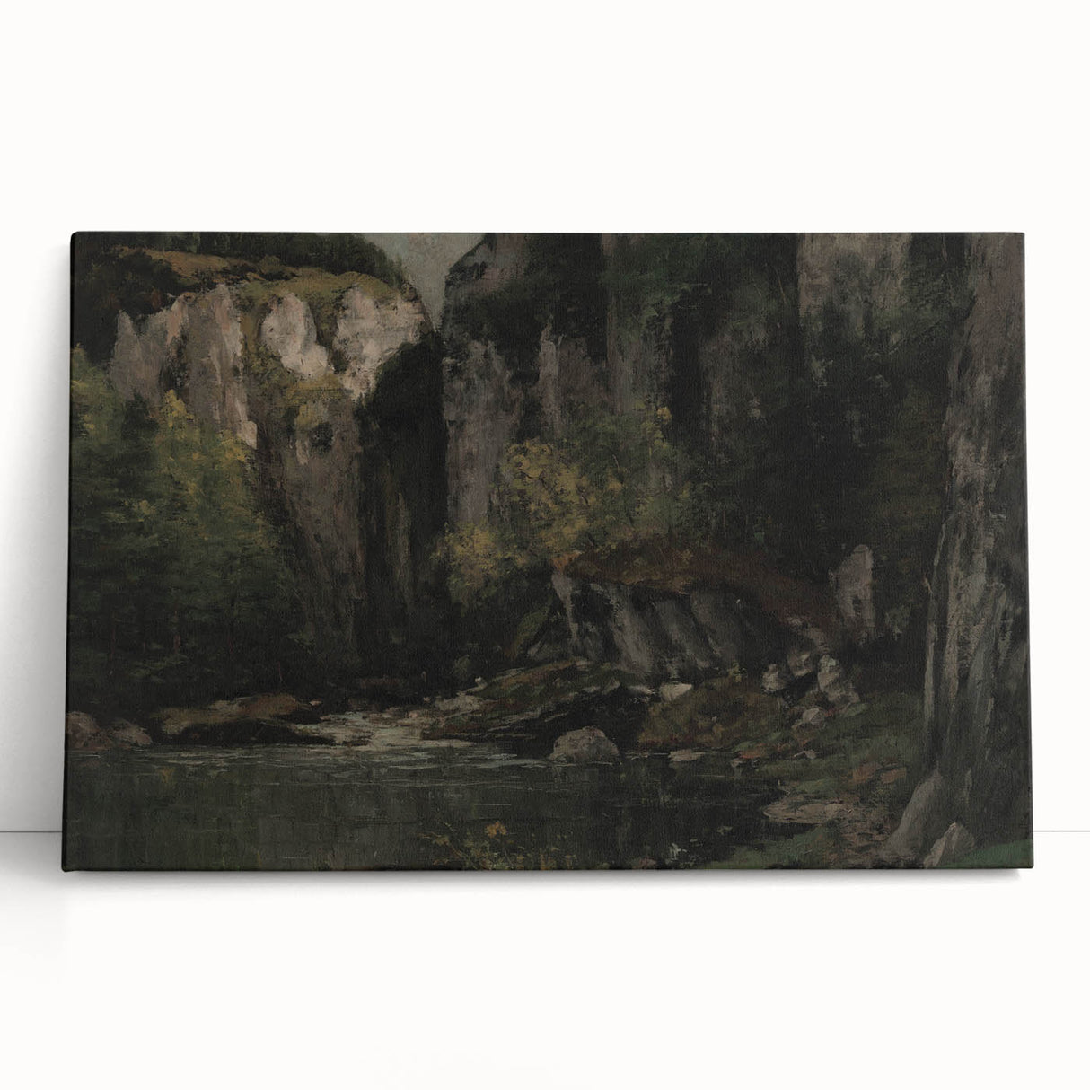 Moody Interior Art - Serene Cliffside Landscape with Deep Forest Tones
