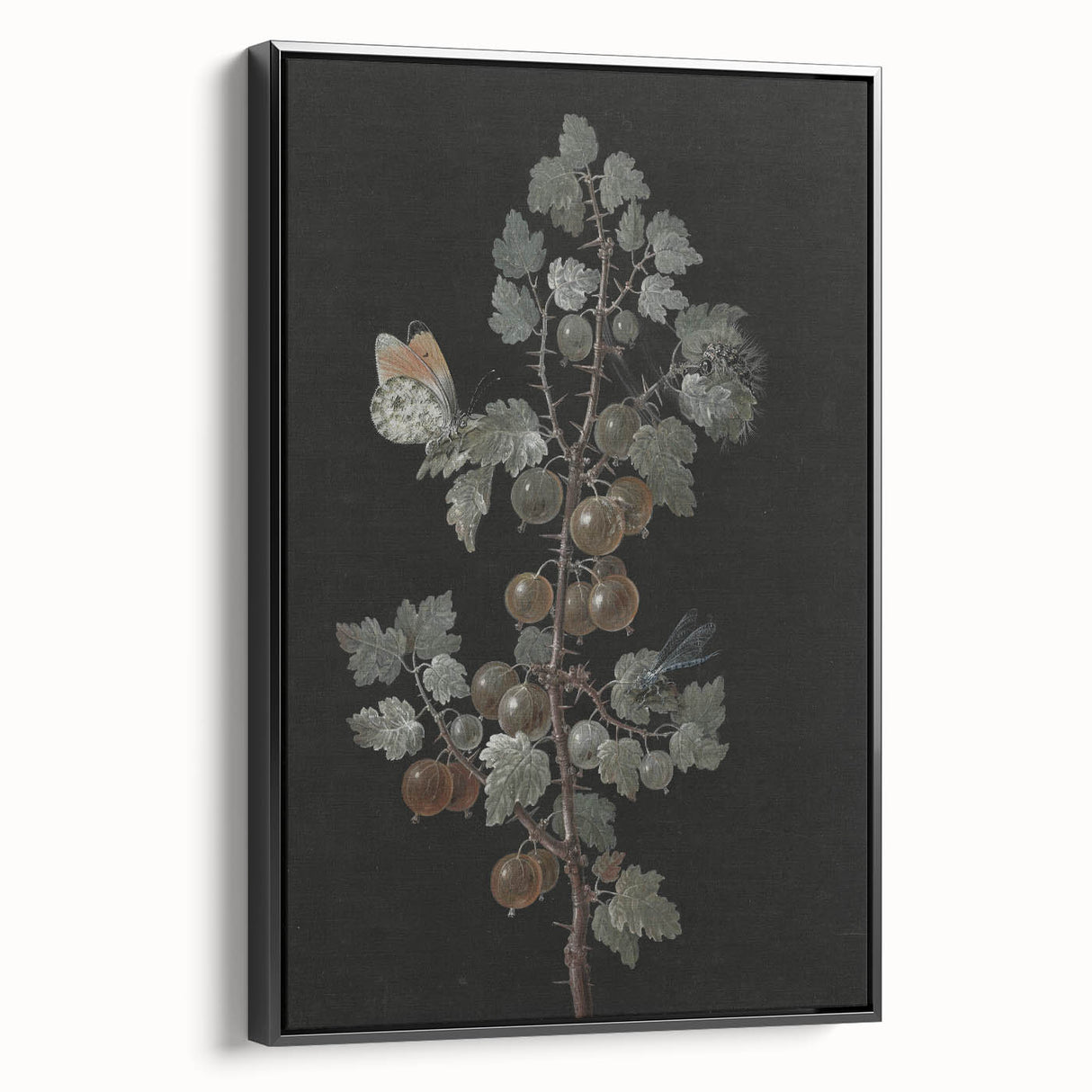 Dark Moody Wall Art - Intricate Botanical with Insects for Elegant Decor