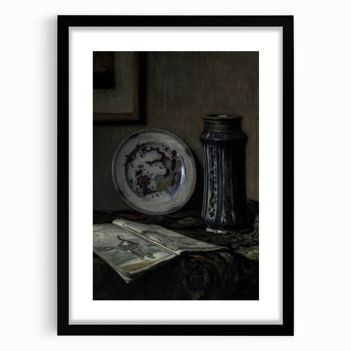 Dark Moody Wall Art - Vintage Still Life with Plate and Vase for Interiors