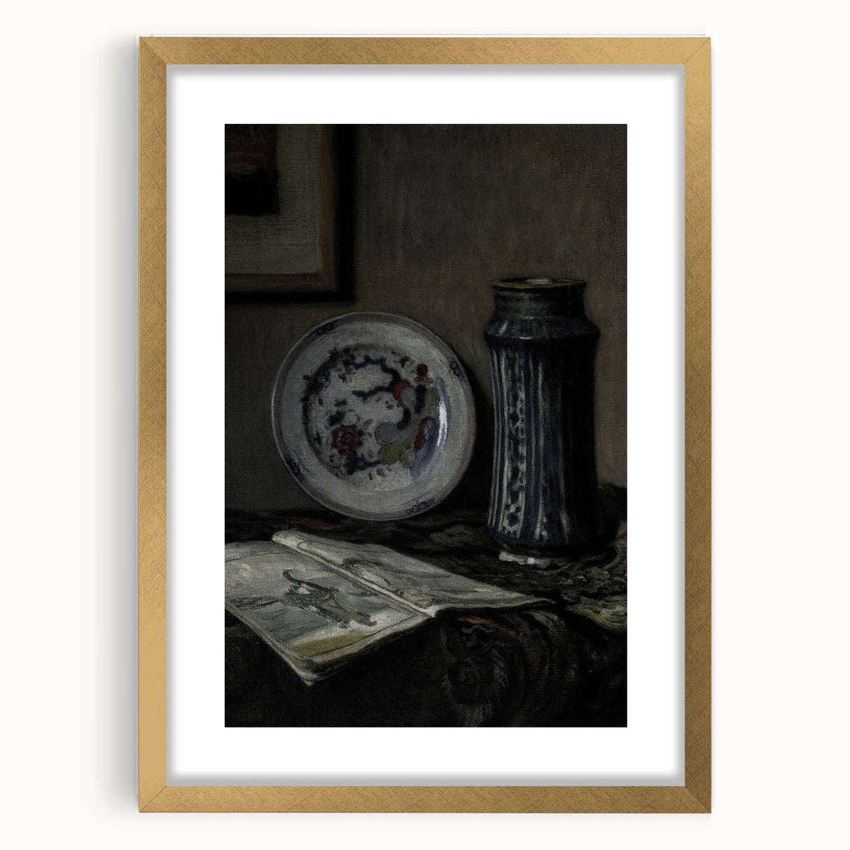 Dark Moody Wall Art - Vintage Still Life with Plate and Vase for Interiors