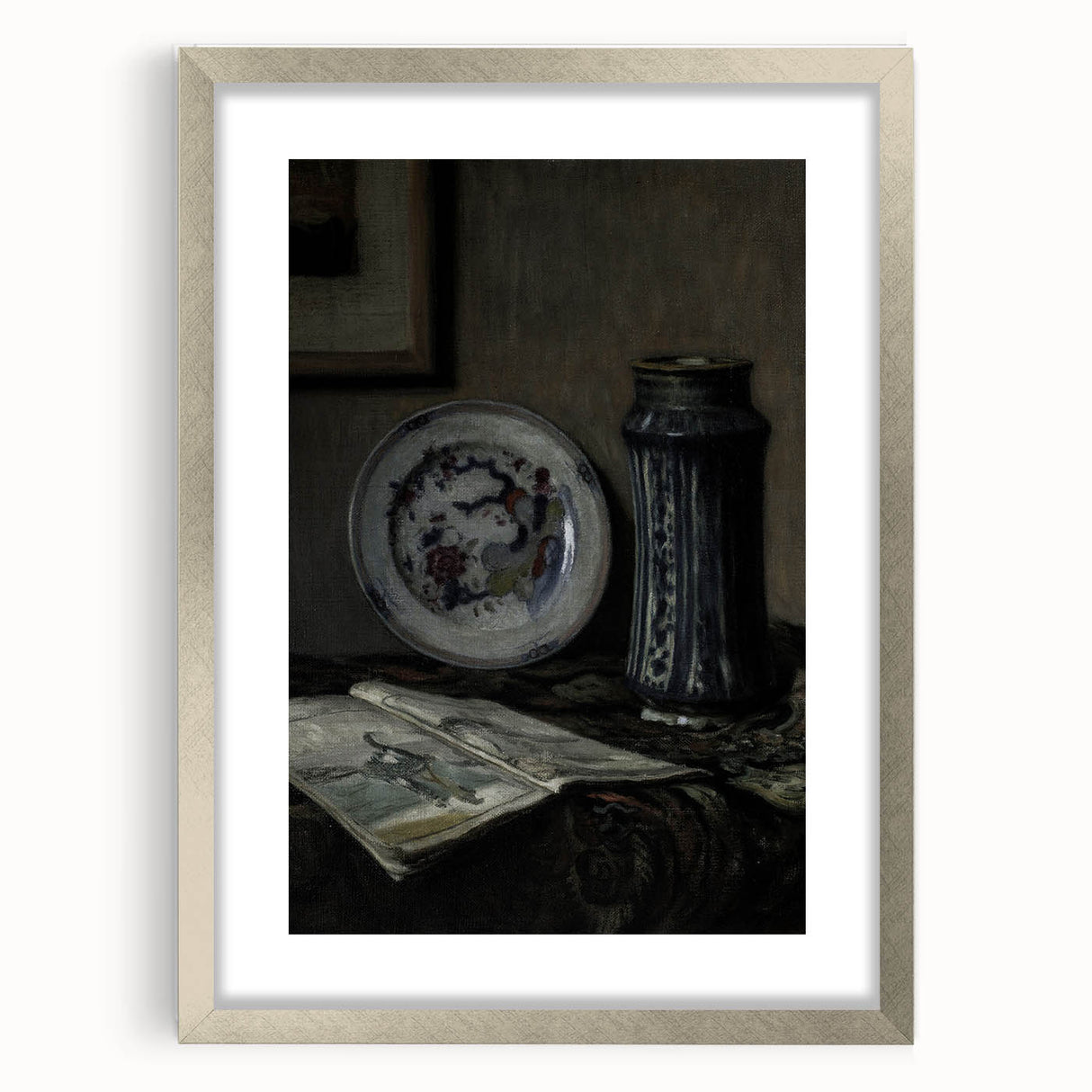 Dark Moody Wall Art - Vintage Still Life with Plate and Vase for Interiors