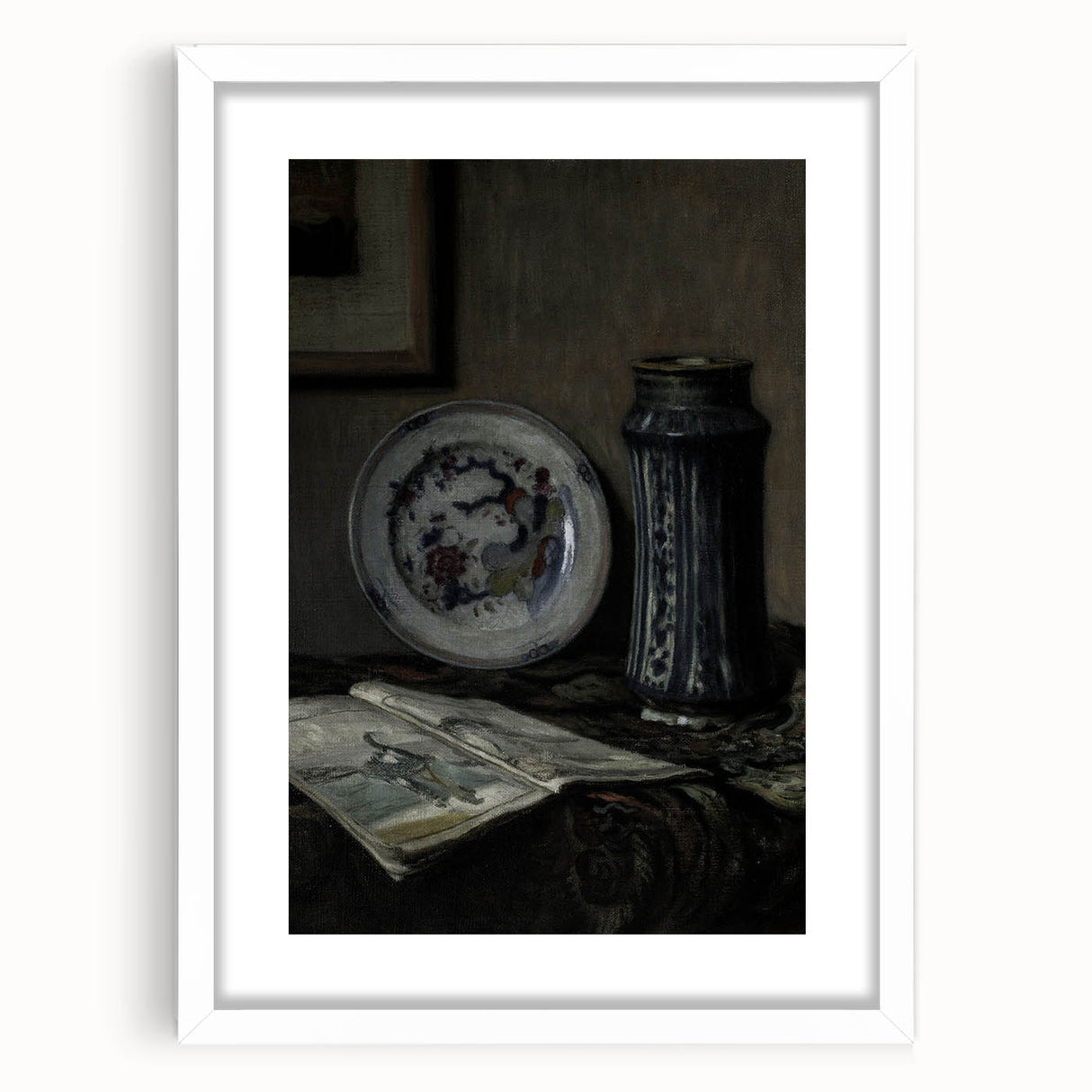 Dark Moody Wall Art - Vintage Still Life with Plate and Vase for Interiors