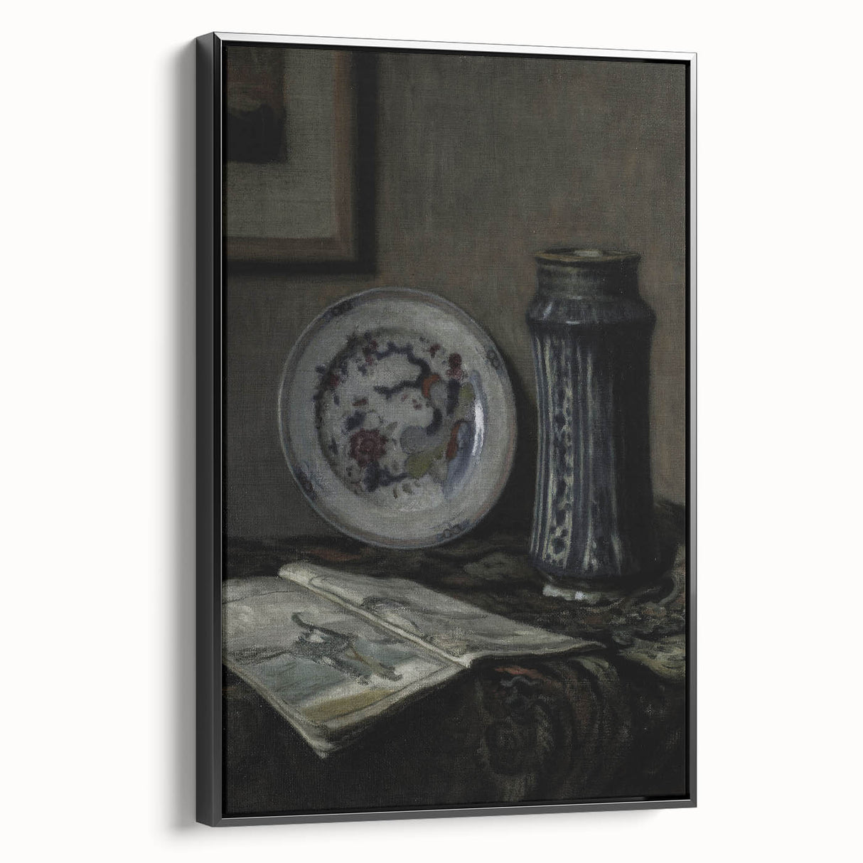 Dark Moody Wall Art - Vintage Still Life with Plate and Vase for Interiors