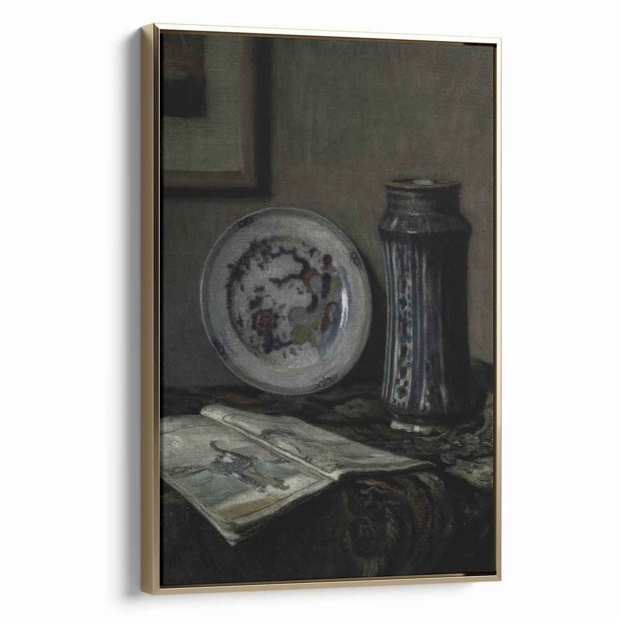 Dark Moody Wall Art - Vintage Still Life with Plate and Vase for Interiors