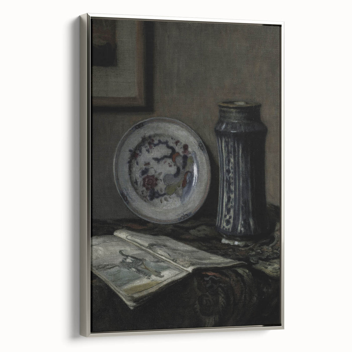 Dark Moody Wall Art - Vintage Still Life with Plate and Vase for Interiors