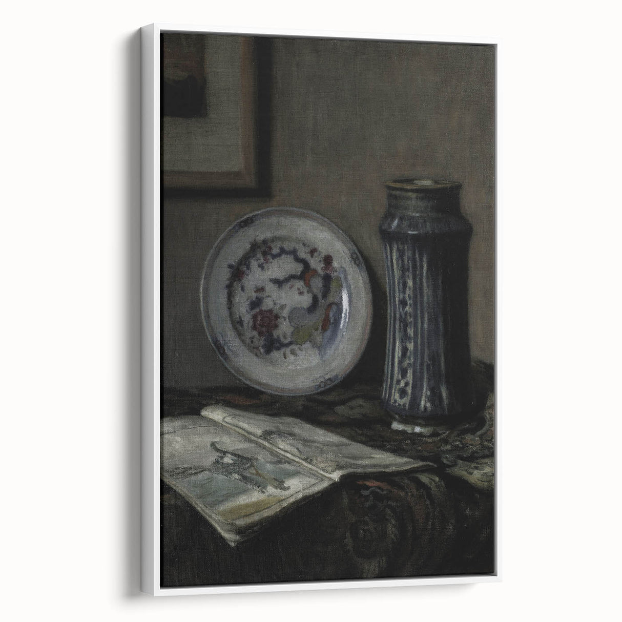 Dark Moody Wall Art - Vintage Still Life with Plate and Vase for Interiors