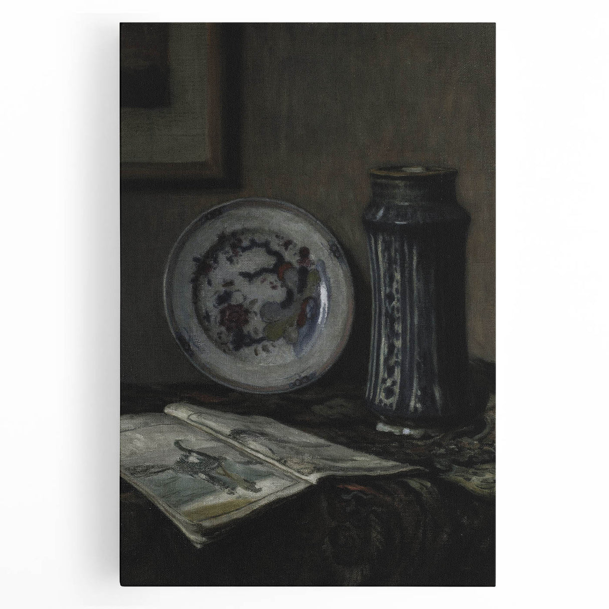 Dark Moody Wall Art - Vintage Still Life with Plate and Vase for Interiors
