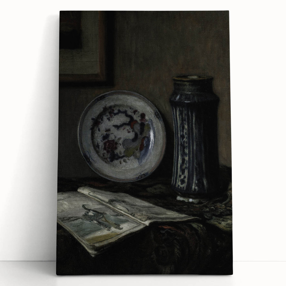 Dark Moody Wall Art - Vintage Still Life with Plate and Vase for Interiors