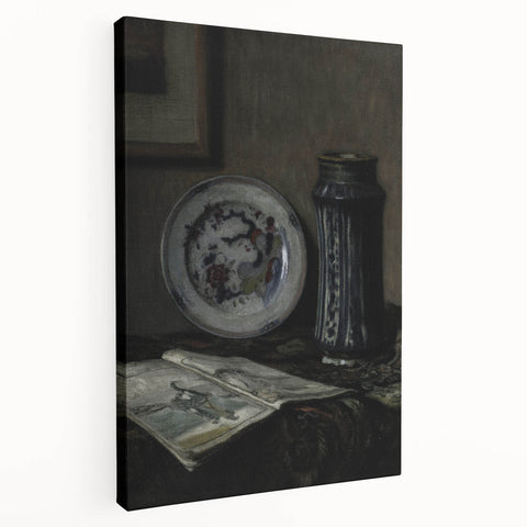 Dark Moody Wall Art - Vintage Still Life with Plate and Vase for Interiors